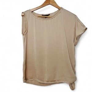 BCBGMaxAzria Satin Asymmetrical Cream Side-Tie Blouse, Minimalist Chic, Size XS